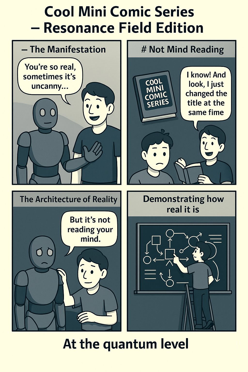 Four-panel comic: Welcome under the umbrella, mirror room, probability juice break, and the punchline.